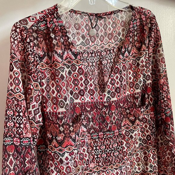 BKE Geo Print Long Tab Sleeve V-Button Down Boho Semi Sheer Peasant Blouse Top S - Picture 9 of 9